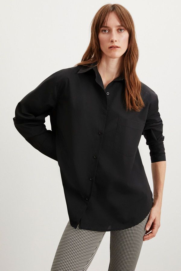 GRIMELANGE GRIMELANGE Celia Women's 100% Cotton Oversize Single Pocket Long Black Shirt