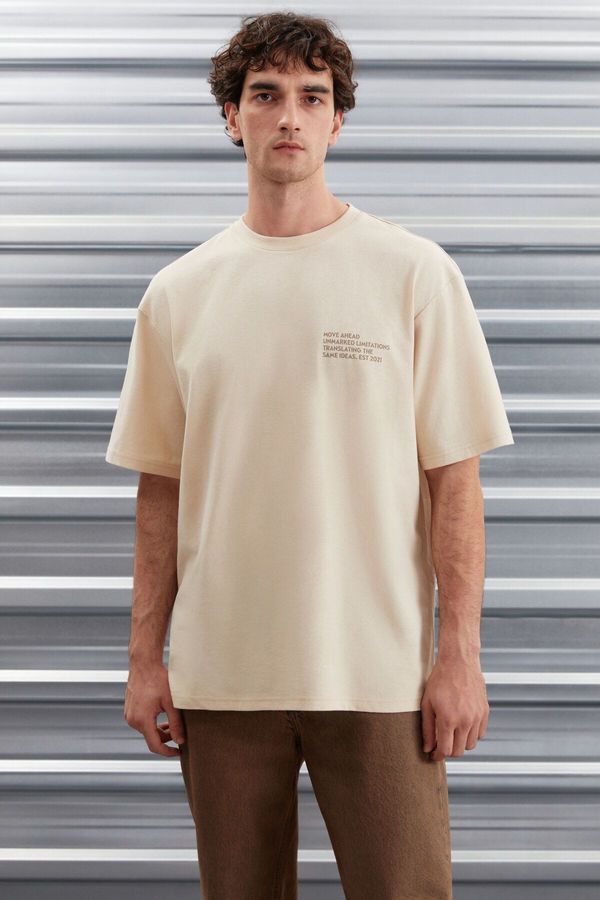 GRIMELANGE GRIMELANGE Darell Men's Oversize Fit 100% Cotton Thick Textured Printed Beige T-shir