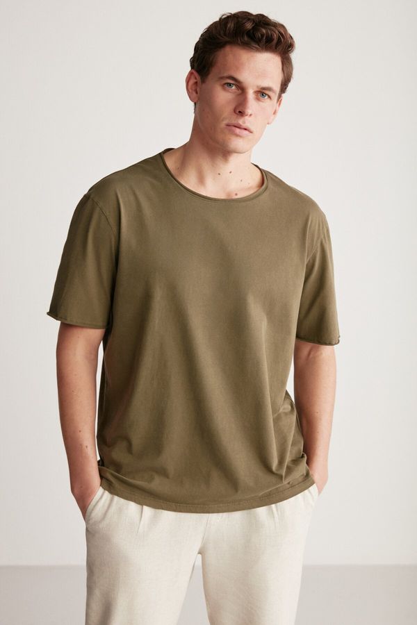 GRIMELANGE GRIMELANGE Davinson Men's Open Collar Oversize Fit 100% Cotton Khaki T-shir