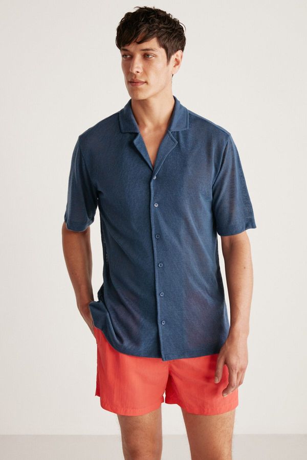 GRIMELANGE GRIMELANGE Doug Men's Linen Look Regular Fit Tiril Tiril Fabric Summer Navy Blue Shirt