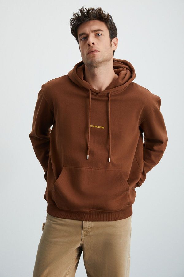 GRIMELANGE GRIMELANGE EPIC Men's Soft Fabric Embroidered Detailed Hooded Cord Regular Bitter Coffee Sweatshirt