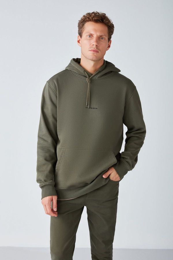 GRIMELANGE GRIMELANGE Epic Men's Soft Fabric Hooded Drawstring Regular Fit Embroidered Khaki Sweatshirt