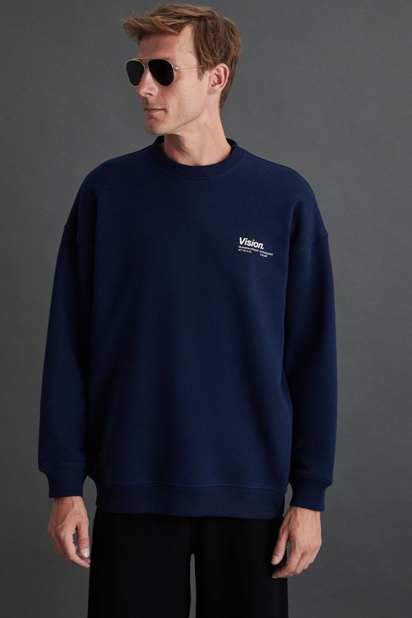 GRIMELANGE GRIMELANGE Ernest Men's Soft Inside Fleece Print Detailed Organic Cotton Oversize Navy Blue Sweatshir