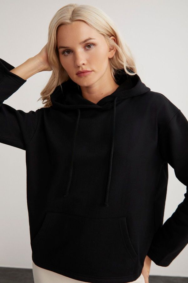 GRIMELANGE GRIMELANGE Gayle Women's Hooded Fleece Relaxed Fit Basic Black Sweatshirt