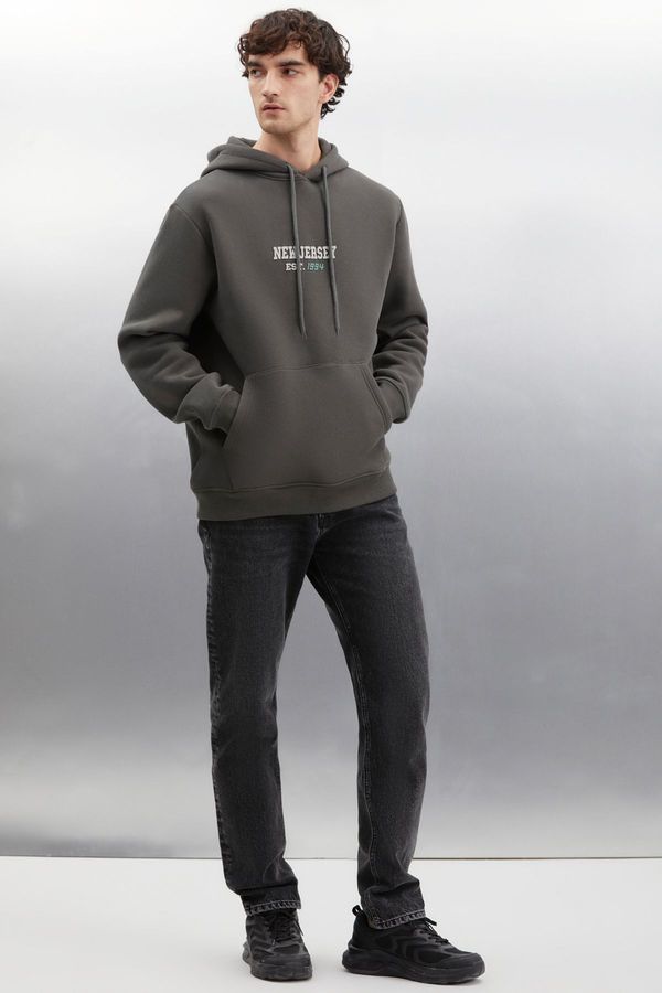 GRIMELANGE GRIMELANGE Herald Men's Hooded Kangaroo Pocket Fleece Printed Dark Gray Sweatshir