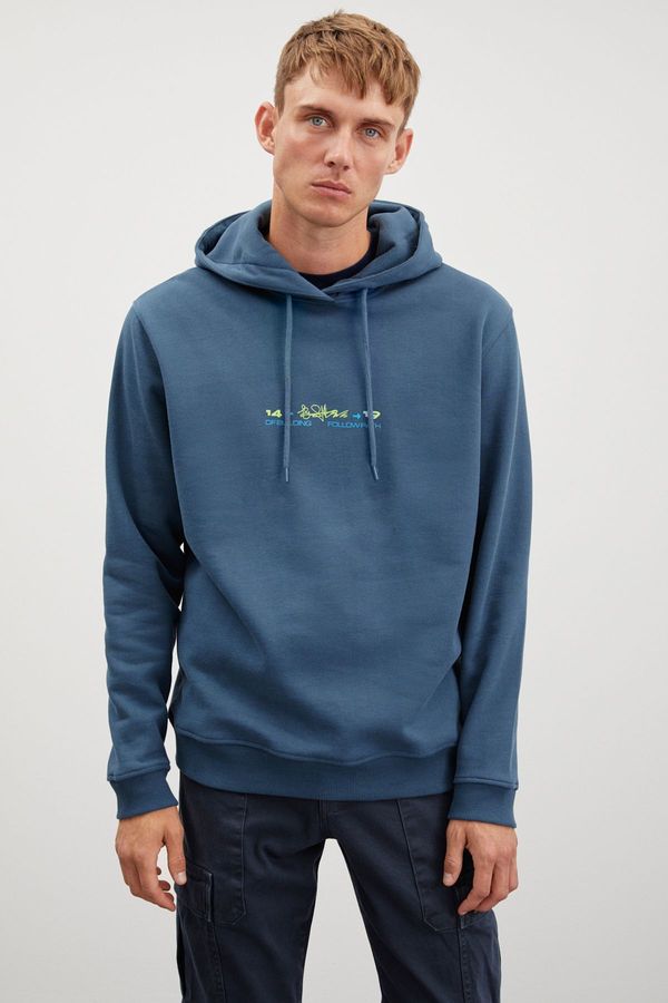 GRIMELANGE GRIMELANGE Jayan Men's Hooded Fleece Printed Petrol Green Sweatshirt