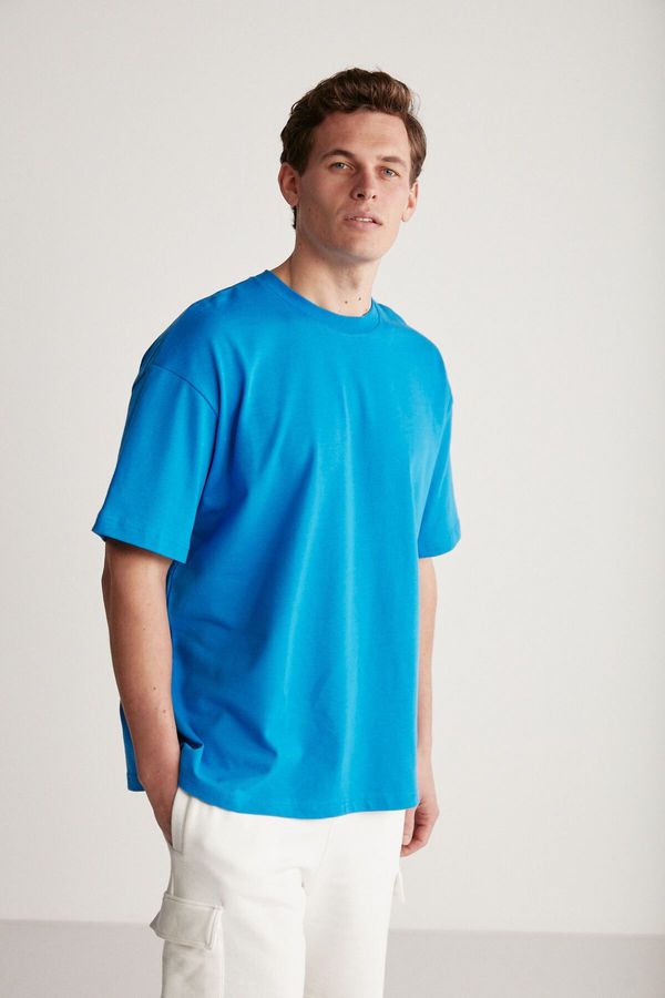 GRIMELANGE GRIMELANGE Jett Men's Oversize Fit 100% Organic Cotton Thick Textured Crew Neck Saxe Blue T-shirt