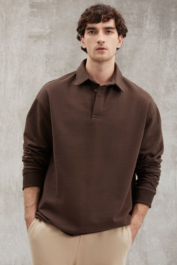 GRIMELANGE GRIMELANGE John Men's Polo Sweat Shirt Collar Long Back Slit Diagonel Fabric Dark Brown Sweatshir