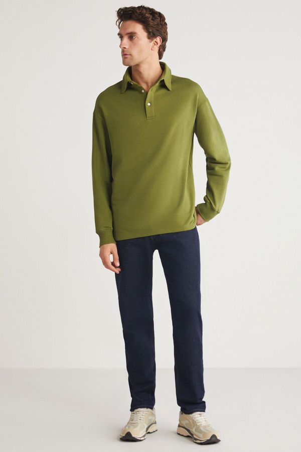 GRIMELANGE GRIMELANGE JOHN Men's Polo Sweat Shirt Collar Long Slit on the Back Diagonal Fabric Khaki Sweatshirt