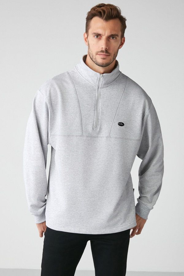 GRIMELANGE GRIMELANGE Men's Organic Cotton Embroidered Detailed Stopper Elastic Zipper Stand Collar Grey Melamine Sweatshirt