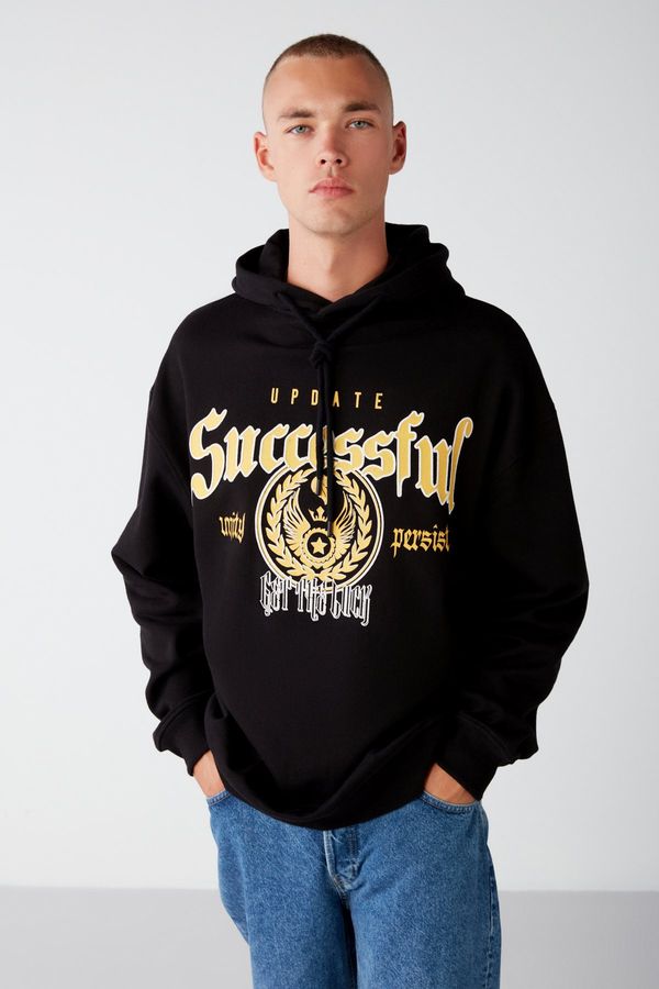 GRIMELANGE GRIMELANGE Persısted Men's College Printed Hooded Black Sweatshirt with Fleece Inside