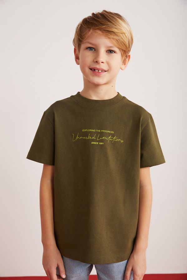 GRIMELANGE GRIMELANGE Rune Boys' 100% Cotton Short Sleeve Piece Printed Crew Neck Khaki T-shirt