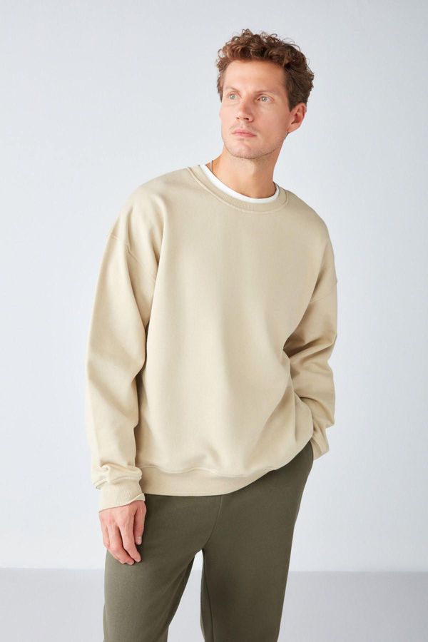 GRIMELANGE GRIMELANGE Stephan Men's Soft Fabric Organic Cotton Oversize Fit Round Neck Beige Sweatshir