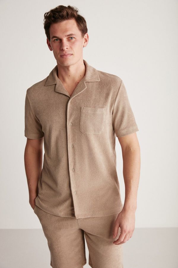 GRIMELANGE GRIMELANGE Tomas Men's Terry Cloth Collared Light Brown Caramel Shirt