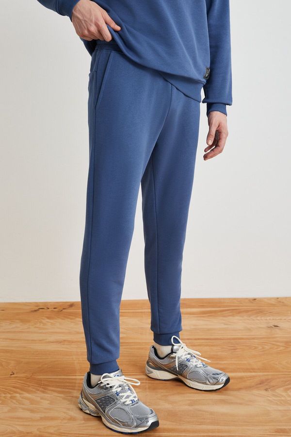 GRIMELANGE GRIMELANGE WALFRED Men's 100% Organic Cotton 3 Thread Non-Ringed Front Ribbed Navy Blue Sweatpant