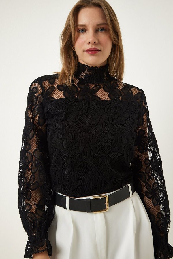 Happiness İstanbul Happiness İstanbul Black High Neck Lace Elegant Blouse