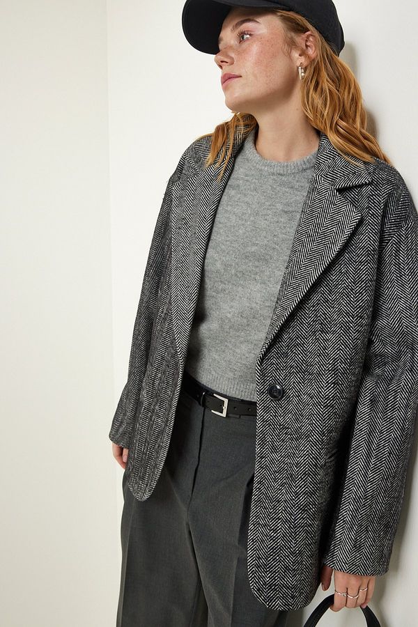 Happiness İstanbul Happiness İstanbul Gray Premium Herringbone Oversize Blazer Jacket