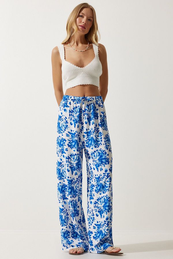 Happiness İstanbul Happiness İstanbul Women Ecru Blue High Waist Summer Wide Viscose Trousers