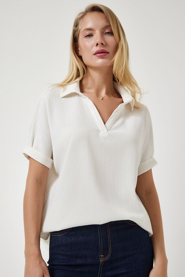Happiness İstanbul Happiness İstanbul Women Ecru Polo Neck Knitted Crinkle Blouse
