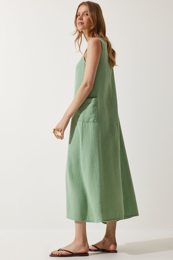 Happiness İstanbul Happiness İstanbul Women's Almond Green Wide Pocket Summer Muslin Dress