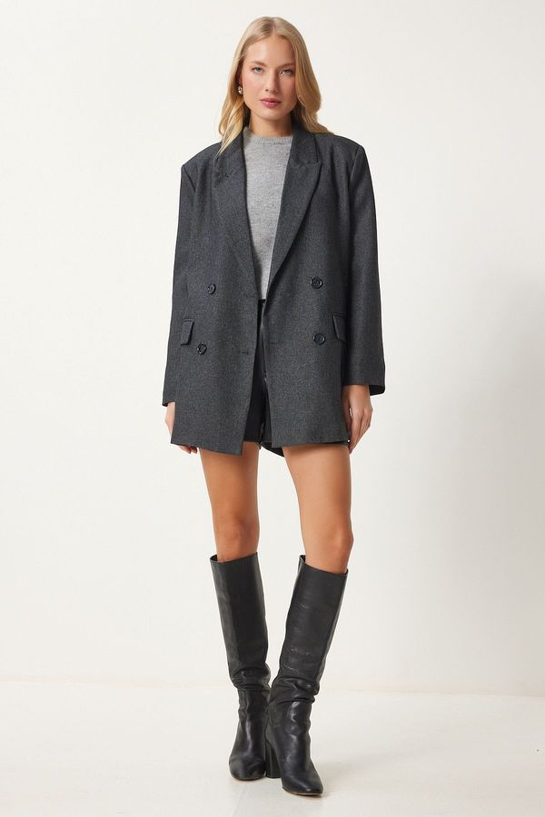 Happiness İstanbul Happiness İstanbul Women's Anthracite Double Breasted Woven Jacket