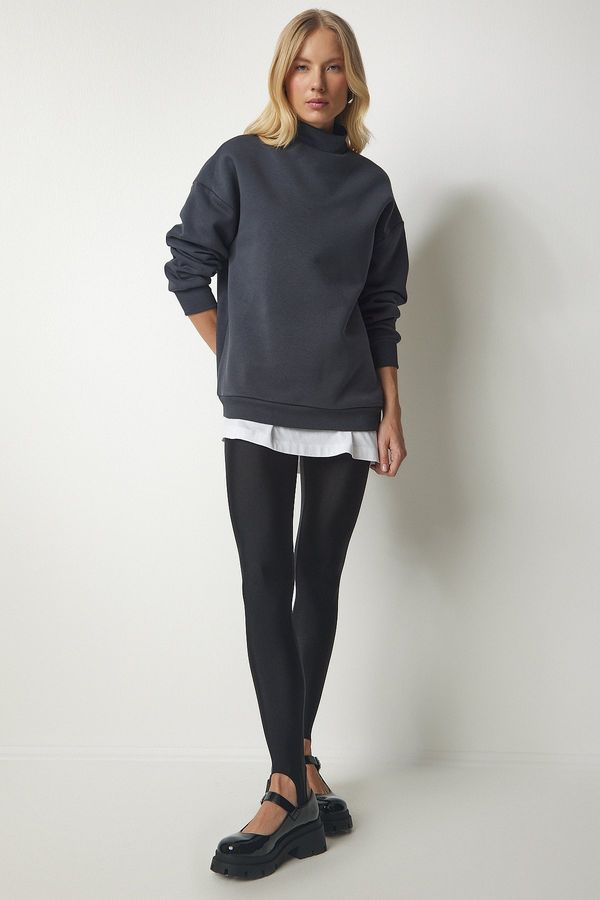 Happiness İstanbul Happiness İstanbul Women's Anthracite Stand-Up Collar Basic Shark Sweatshirt