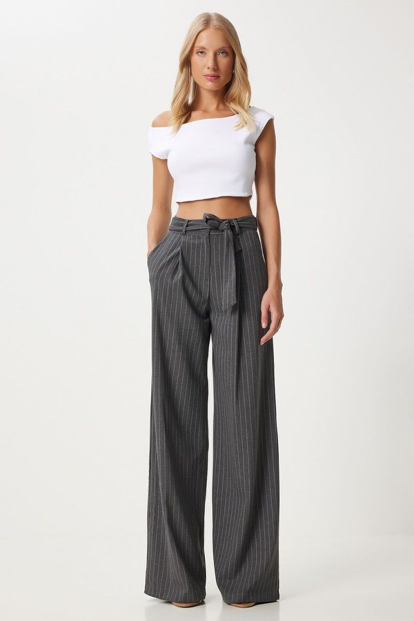 Happiness İstanbul Happiness İstanbul Women's Anthracite Thin Striped Belted Wide Leg Trousers