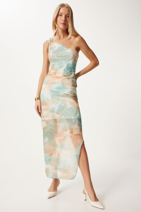Happiness İstanbul Happiness İstanbul Women's Aqua Green One Shoulder Patterned Slit Tulle Dress