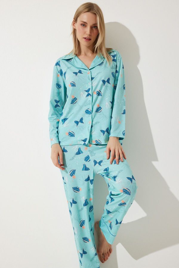 Happiness İstanbul Happiness İstanbul Women's Aqua Green Patterned Shirt-Pants Knitted Pajama Set