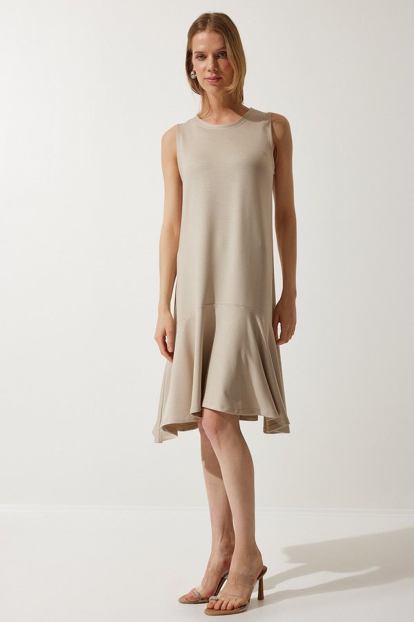Happiness İstanbul Happiness İstanbul Women's Beige Crew Neck Knitted Flounce Bell Dress