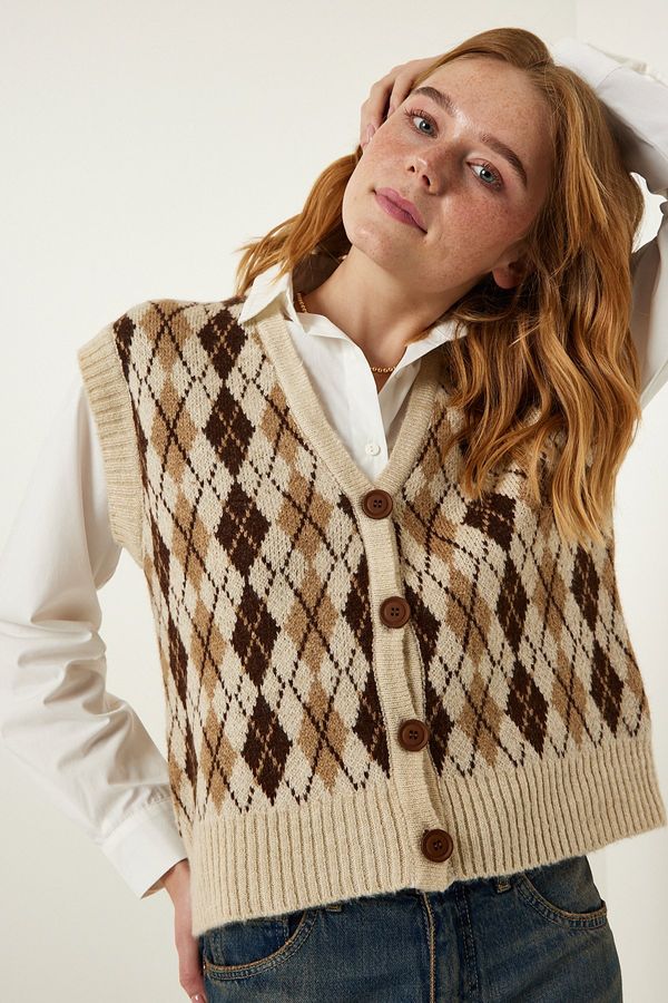 Happiness İstanbul Happiness İstanbul Women's Beige Diamond Patterned Buttoned Sweater Shirt