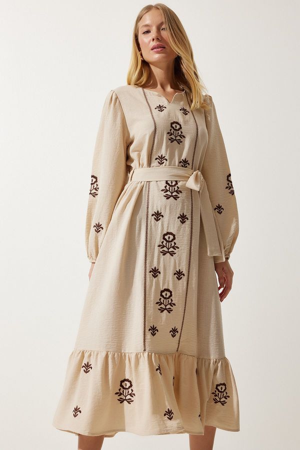 Happiness İstanbul Happiness İstanbul Women's Beige Embroidered Linen Surface Long Woven Dress