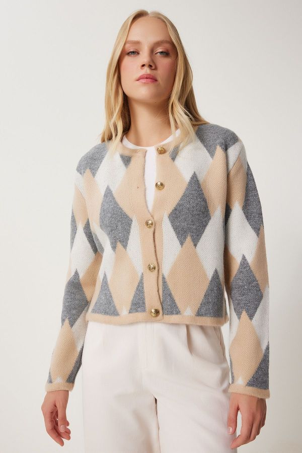 Happiness İstanbul Happiness İstanbul Women's Beige Gray Diamond Patterned Knitwear Cardigan