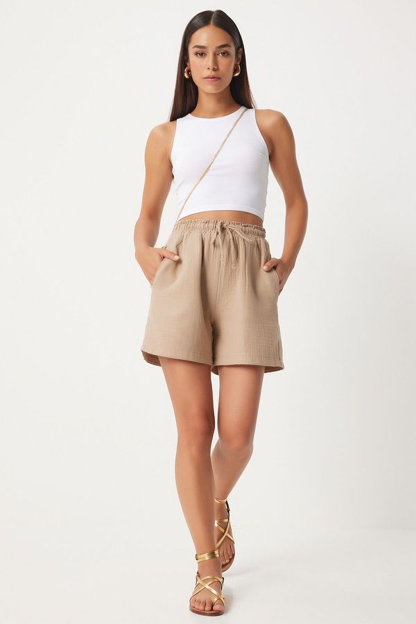 Happiness İstanbul Happiness İstanbul Women's Beige Pocket Muslin Shorts