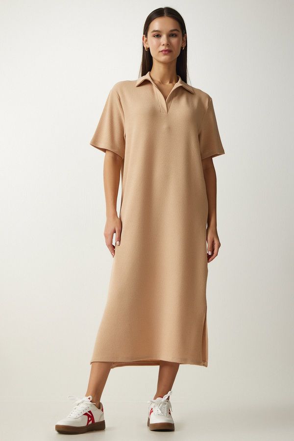 Happiness İstanbul Happiness İstanbul Women's Beige Polo Neck Knitted Corduroy Dress