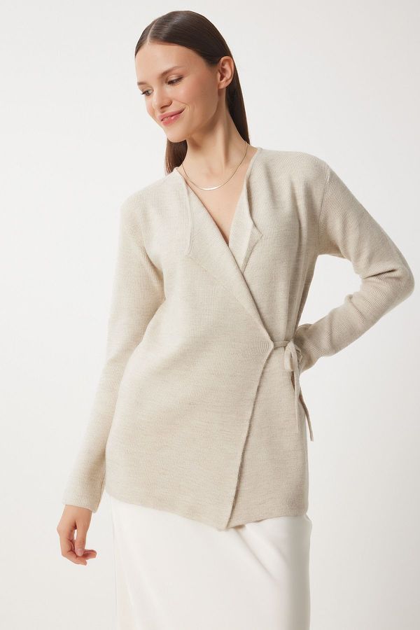 Happiness İstanbul Happiness İstanbul Women's Beige Wrap Collar Belted Seasonal Knitwear Cardigan