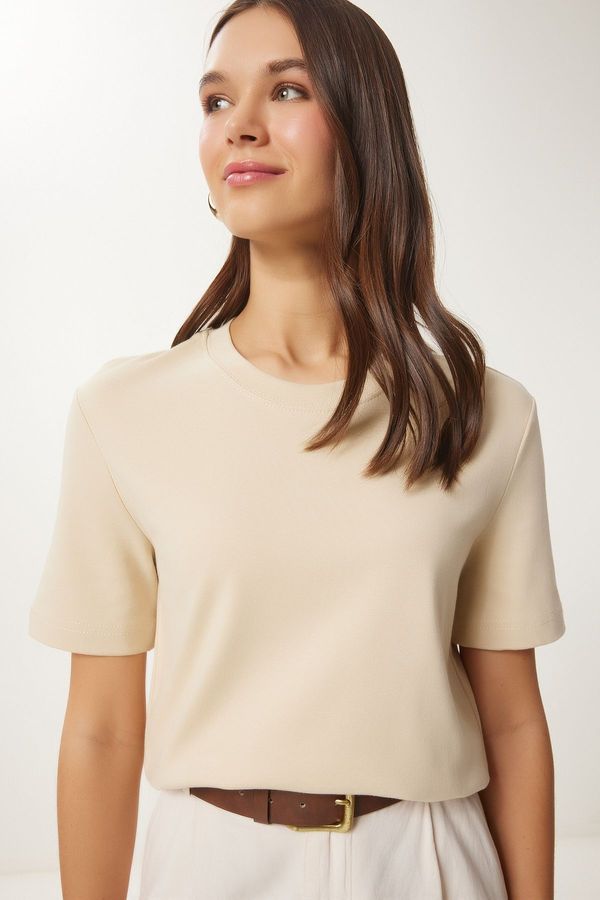 Happiness İstanbul Happiness İstanbul Women's Biscuit Cotton Basic Knitted T-Shirt