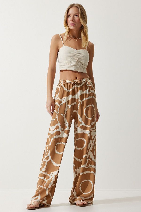 Happiness İstanbul Happiness İstanbul Women's Biscuit Cream Patterned Flowing Viscose Palazzo Trousers