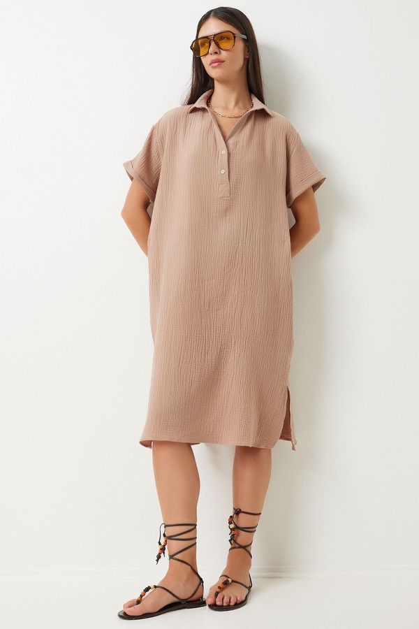 Happiness İstanbul Happiness İstanbul Women's Biscuit Polo Neck Summer Loose Muslin Dress
