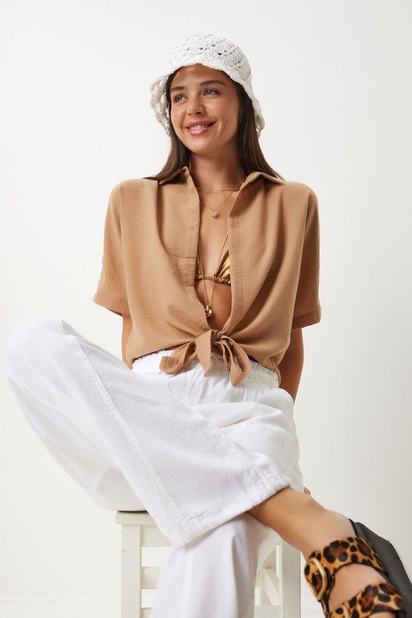 Happiness İstanbul Happiness İstanbul Women's Biscuit Tie Detailed Linen Blouse