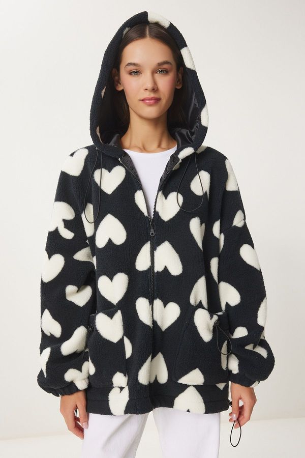 Happiness İstanbul Happiness İstanbul Women's Black and White Hooded Heart Plush Coat