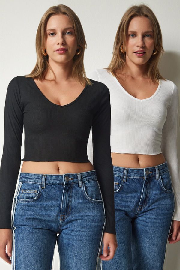Happiness İstanbul Happiness İstanbul Women's Black and White V-Neck 2-Pack Crop Knitted Blouse