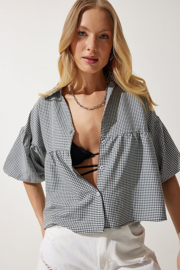 Happiness İstanbul Happiness İstanbul Women's Black Balloon Sleeve Gingham Woven Shirt