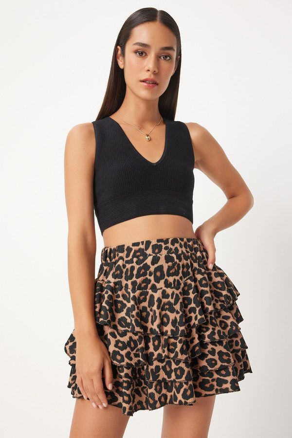 Happiness İstanbul Happiness İstanbul Women's Black Beige Leopard Patterned Mini Knitted Shorts Skirt