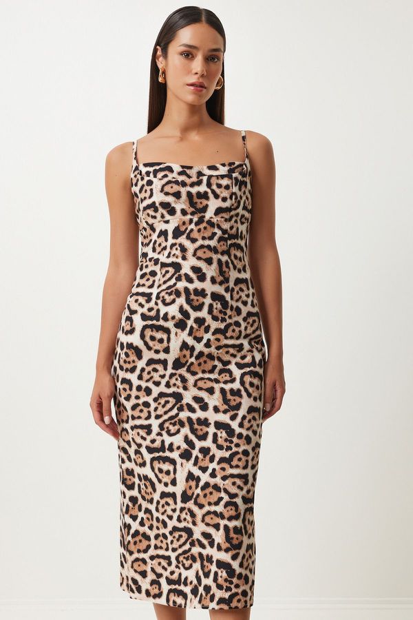 Happiness İstanbul Happiness İstanbul Women's Black Beige Leopard Patterned Strappy Midi Dress