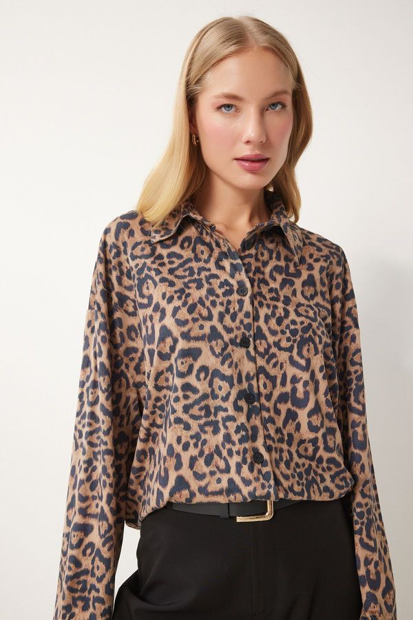 Happiness İstanbul Happiness İstanbul Women's Black Beige Leopard Patterned Suede Shirt