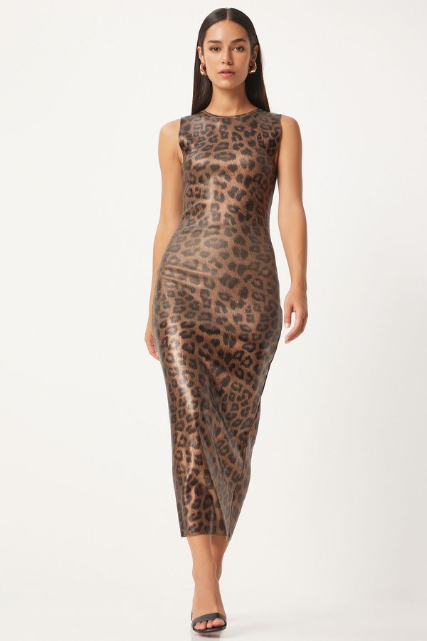 Happiness İstanbul Happiness İstanbul Women's Black Beige Leopard Patterned Tight Dress