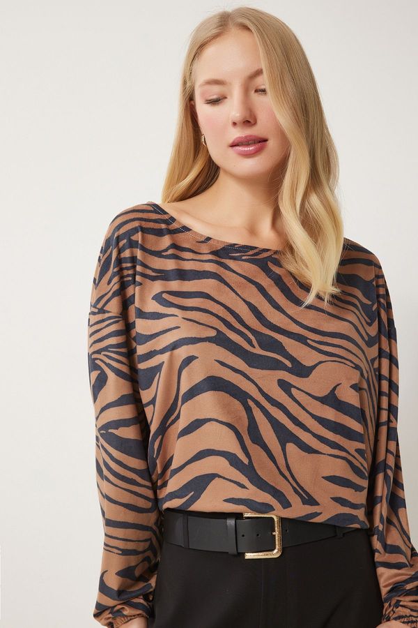 Happiness İstanbul Happiness İstanbul Women's Black Beige Zebra Patterned Suede Blouse
