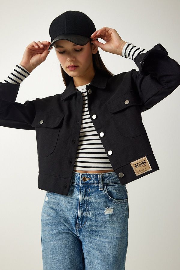 Happiness İstanbul Happiness İstanbul Women's Black Buttoned Crop Denim Jacket