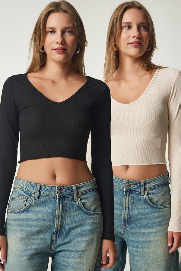 Happiness İstanbul Happiness İstanbul Women's Black Cream V Neck 2 Pack Crop Knitted Blouse